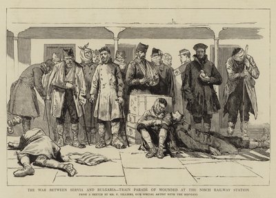 セルビアとブルガリアの戦争、ニッシュ鉄道駅での負傷者の列車パレード 作： Frederic Villiers